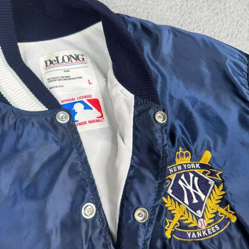 VTG New York Yankees Jacket Mens Large Navy Satin Snap‎ DeLONG USA MLB Baseball